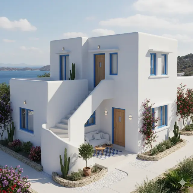 Desain Rumah Type 36 Ala Villa Santorini dengan Sentuhan Putih Biru