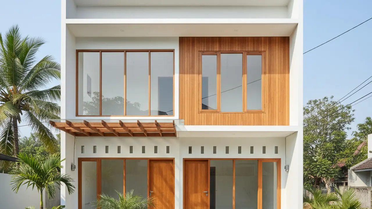 Model Rumah 2 Lantai Hemat Biaya dengan Atap Datar. Gemini
