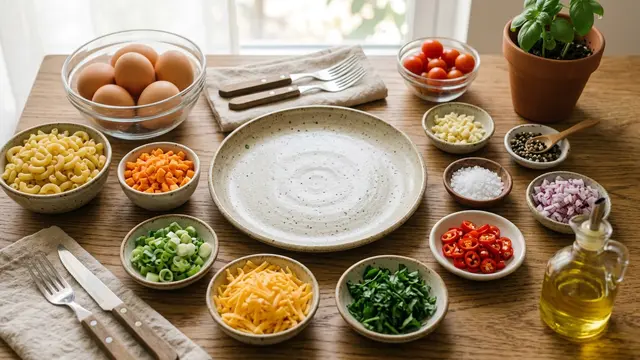 Ilustrasi resep telur dadar isi makaroni dan wortel