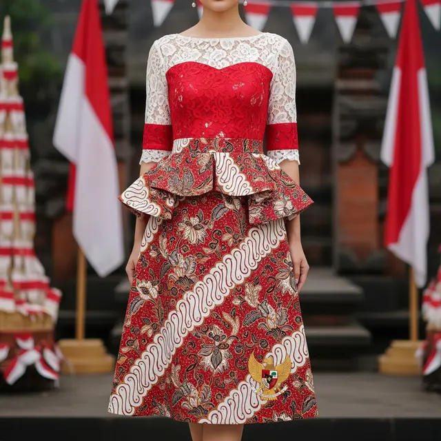 Dress Batik Kombinasi Brokat Tema Hari Kemerdekaan (AI Generated)