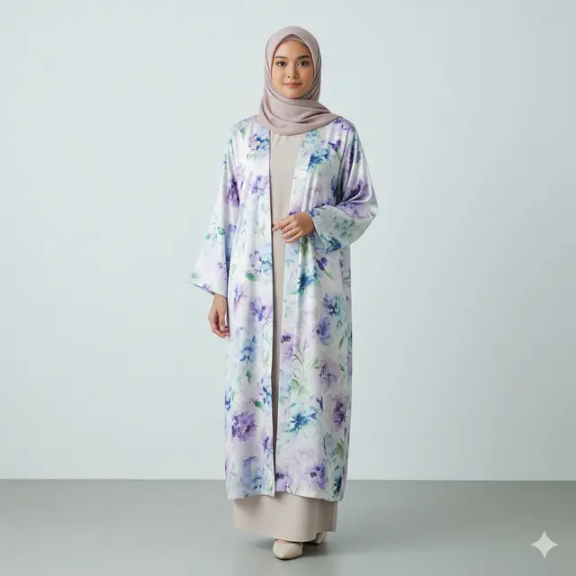 Model Outer Panjang Model Kimono dengan Motif Floral yang Memukau. Gemini