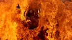 Peti berbentuk naga yang berisi jenazah anggota keluarga dari pahlawan nasional I Gusti Ngurah Rai dibakar dalam prosesi upacara Ngaben di Desa Carangsari, Bali, Senin (29/4/2019). Ribuan waga mengiringi kremasi terhadap jenazah putra kedua dan cucu dari I Gusti Ngurah Rai itu. (SONNY TUMBELAKA/AFP)