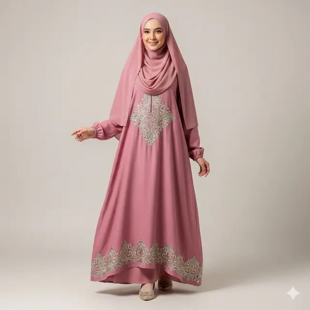 Model Dress Muslim Kombinasi Linen dan Bordir Elegan Terbaru 2025. Gemini