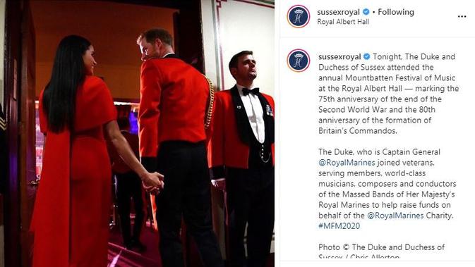 Pangeran Harry dan Meghan Markle saat menghadiri Mountbatten Music Festival di London (Dok.Instagram/@sussexroyal/https://www.instagram.com/p/B9crv9SJNJx/Komarudin)