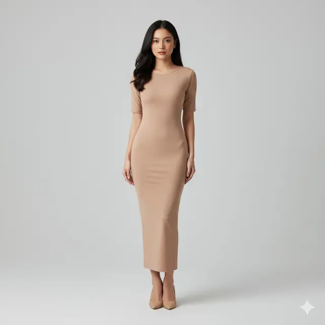 Model Long Dress Bahan Spandeks dengan Potongan Bodycon Simpel. Gemini