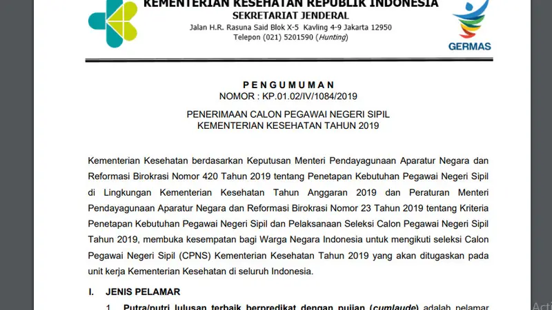 Lowongan CPNS di Kemenkes RI (Foto: screenshoot laman cpns.kemkes.go.id)