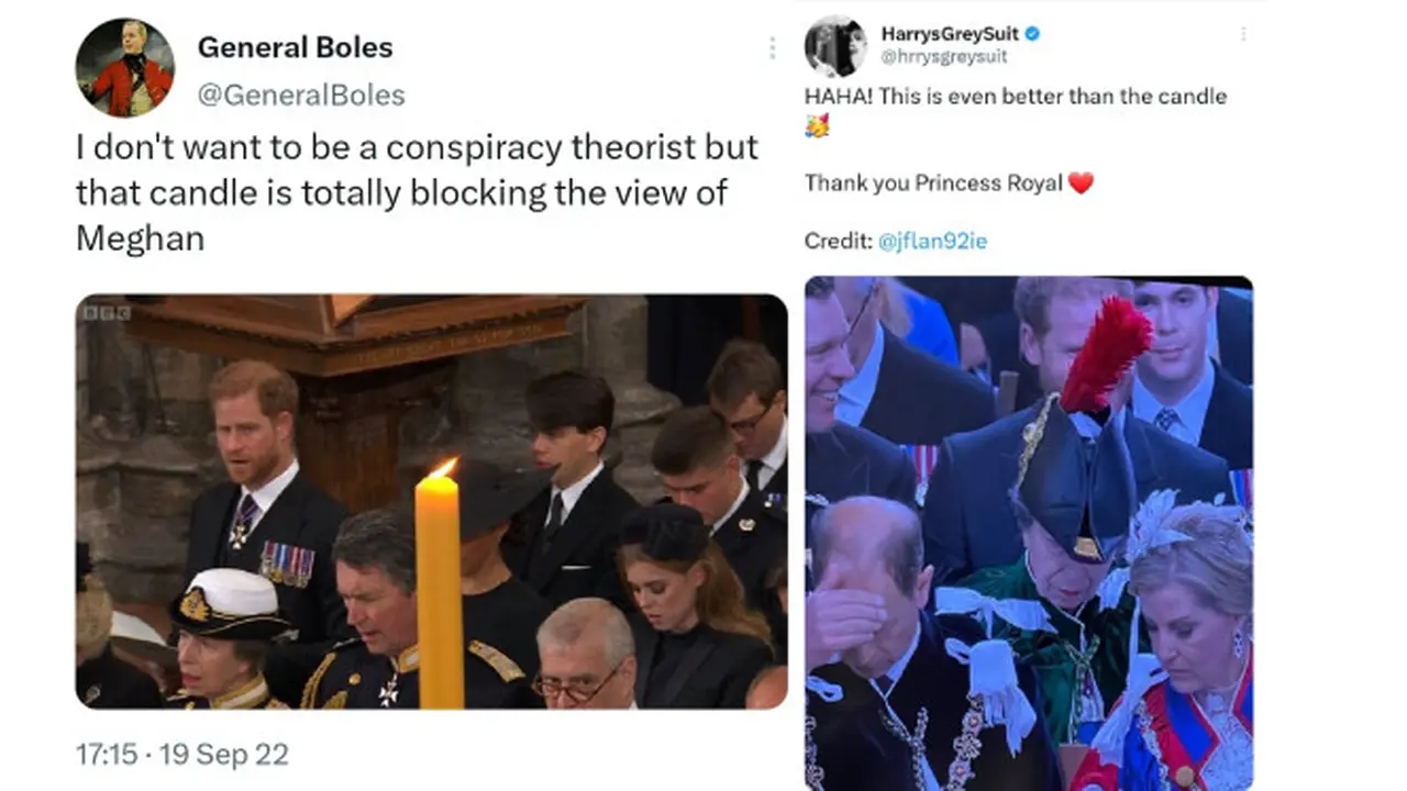 Warga Inggris Gagal Fokus Akan Keberadaan Pangeran Harry yang Terhalang Bulu-Bulu Berwarna Merah yang Tertancap di Topi Putri Anne Selama Prosesi Penobatan Raja Charles III. Momen Ini Mengingatkan Akan Meghan Markle yang Kealingan Lilin Raksasa