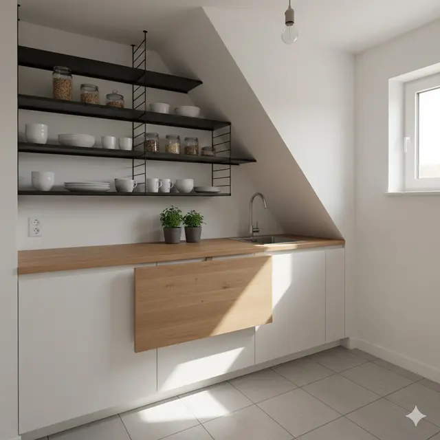 Dapur Bawah Tangga dengan Rak Besi dan Pencahayaan Natural 2025. Gemini
