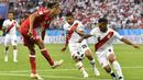 Gelandang Denmark, Yurary Poulsen, berusaha melepaskan tendangan saat melawan Peru pada laga Grup C Piala Dunia di Mordovia Arena, Saransk, Sabtu (16/6/2018). Denmark menang 1-0 atas Peru. (AP/Martin Meissner)