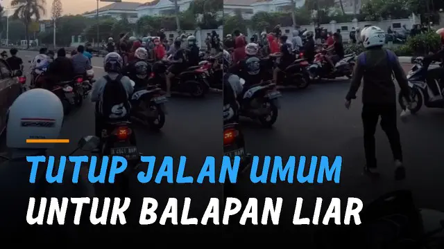 Nampak pengendara motor lain yang akan melintas membunyikan klakson berkali-kali karena aksi balapan liar itu mengganggu jalan.