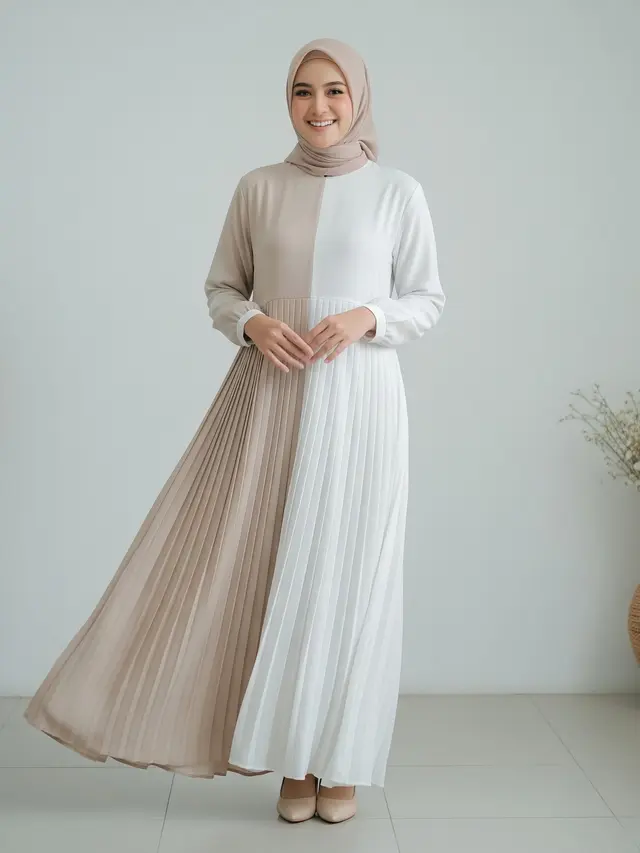 Model Gamis Beige & Putih Minimalis untuk Ramadan 2026 Dengan Lipit Sederhana