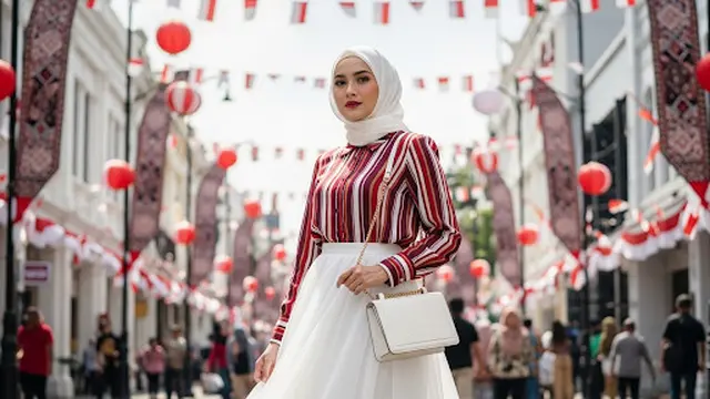 Blouse Stripe Merah Putih & Rok Organza
