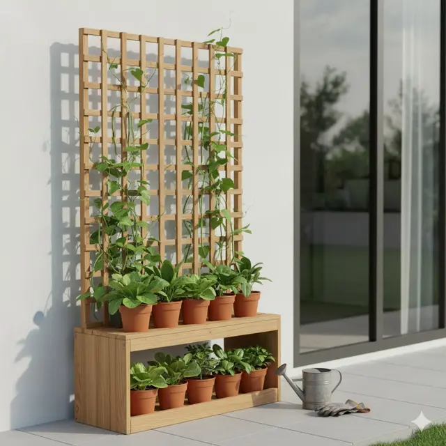 Rak Kayu Model Teralis Terintegrasi (Gemini AI)
