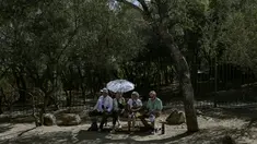 Wisatawan duduk di tempat teduh di luar bukit kuno Acropolis saat hari yang panas di Athena, Yunani, Rabu (12/6/2024). (STRINGER / AFP)