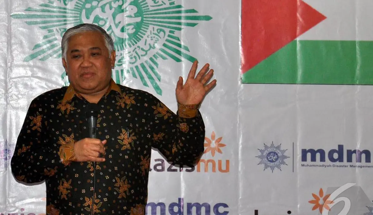 Ketua PP Muhammadiyah, Din Syamsudin mengatakan sumbangan yang diberikan tersebut merupakan bagian dari rangkaian bantuan yang telah diberikan untuk Palestina, Jakarta, Selasa (9/9/2014) (Liputan6.com/Miftahul Hayat)