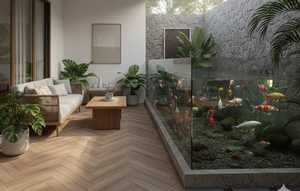 Model Teras Rumah Dekat Kolam Ikan (created by AI)