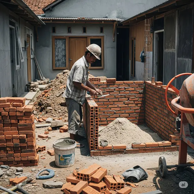 Ilustrasi tukang yang sedang membangun rumah.