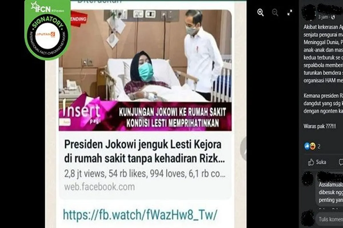 Gambar Tangkapan Layar Kabar Palsu Presiden Jokowi Jenguk Penyanyi Dangdut Lesti Kejora di Rumah Sakit (sumber: Facebook).
