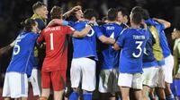Pemain Italia merayakan kemenangan atas Brasil pada matchday 1 Grup D Piala Dunia U-20 2023 di Estadio Malvinas, Argentina, Senin (22/05/2023). Italia menang dengan skor 3-2. (AFP/Andres Larrovere)