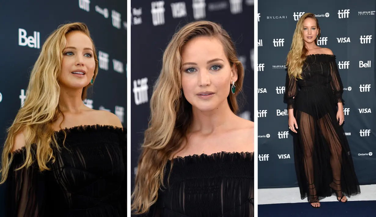 Foto kombinasi Jennifer Lawrence saat menghadiri pemutaran perdana " Causeway " selama Toronto International Film Festival di Toronto Sabtu (10/9/2022). (AP Photo)