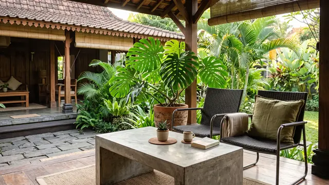 Ide Teras Rumah dengan Meja Semen dan Tanaman Monstera