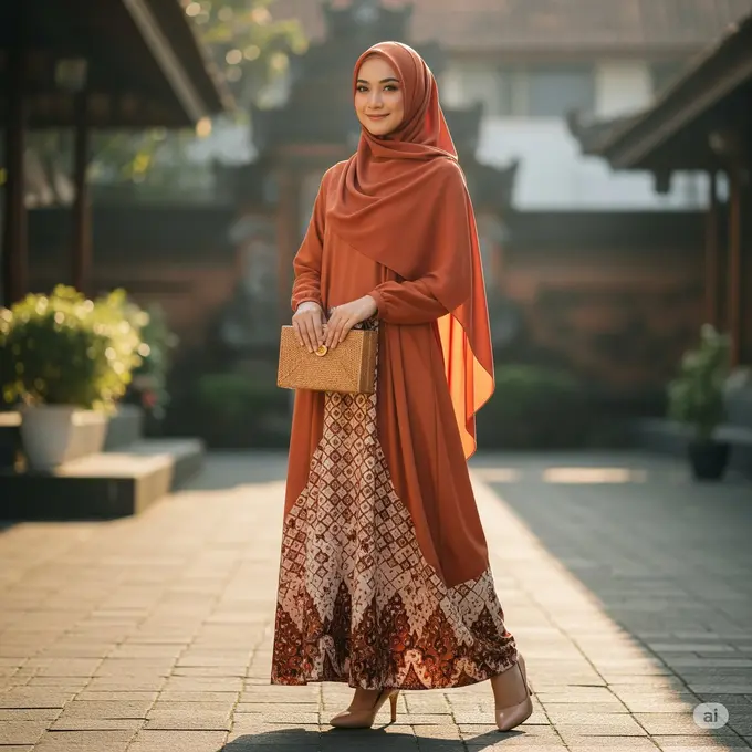 Gamis Terracotta & Batik Motif Geometris
