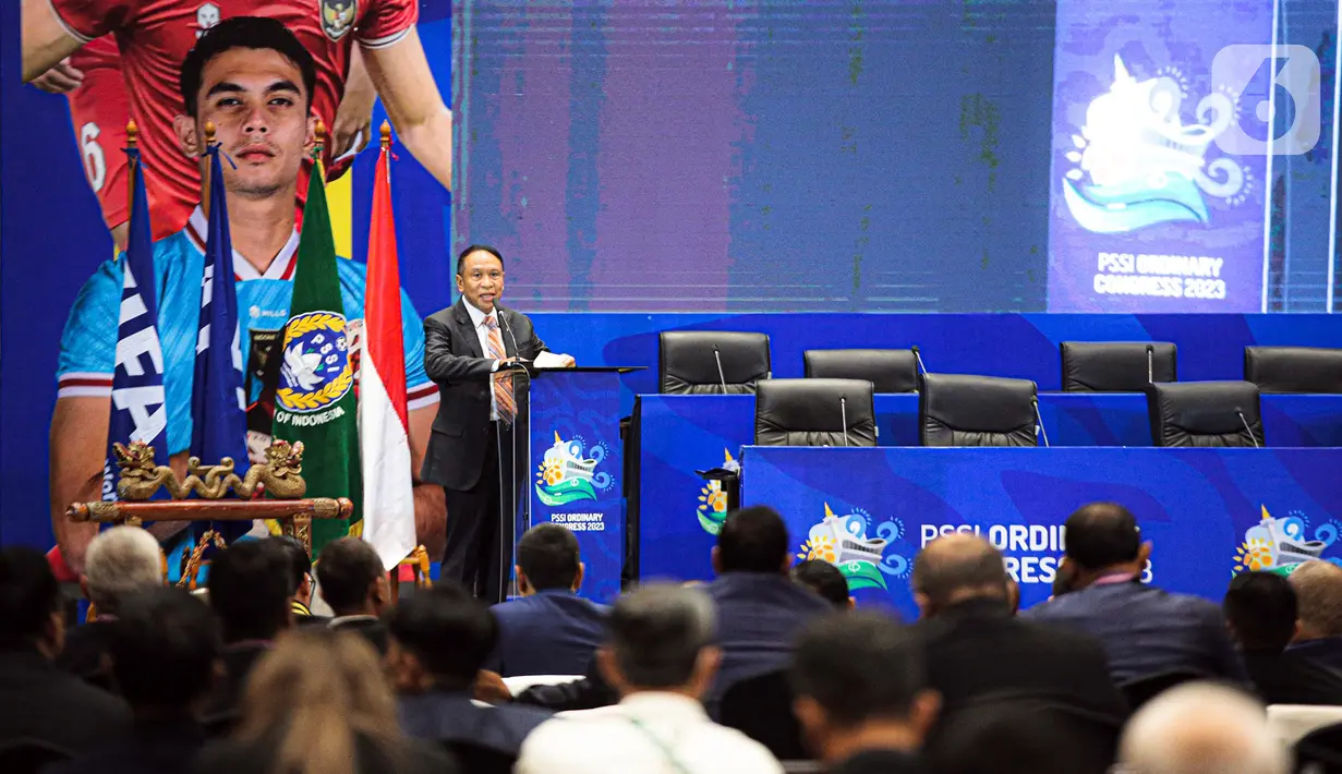 Menpora Zainudin Amali menyampaikan pidato saat pembukaan Kongres Biasa PSSI 2023 di Jakarta, Minggu (15/1/2023). Kongres Biasa PSSI 2023 membahas beberapa agenda di antaranya Komite Pemilihan (KP) dan Komite Banding Pemilihan (KBP). (Liputan6.com/Faizal Fanani)