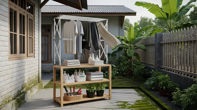 Ide Rak Jemuran Lipat untuk Belakang Rumah Sempit Model Kombinasi Rak Penyimpanan