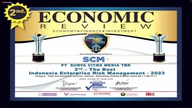 PT Surya Citra Media Tbk (SCMA) menerima penghargaan dari Economic Review pada Kamis, (26/1/2023). (Foto: tangkapan layar/Pipit I.R)
