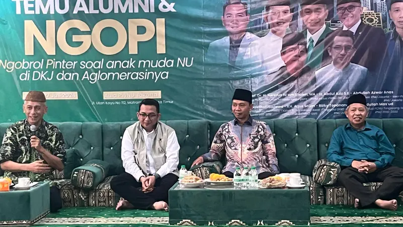 Ngobrol Pinter (Ngopi) bertajuk 'Ngobrol Pintar soal Anak Muda NU di DKJ dan Aglomerasinya di Aula PWNU Jakarta I, Jalan Utan Kayu, Matraman, Jakarta Timur, Sabtu (27/7/2024). (Liputan6.com/Winda Nelfira)