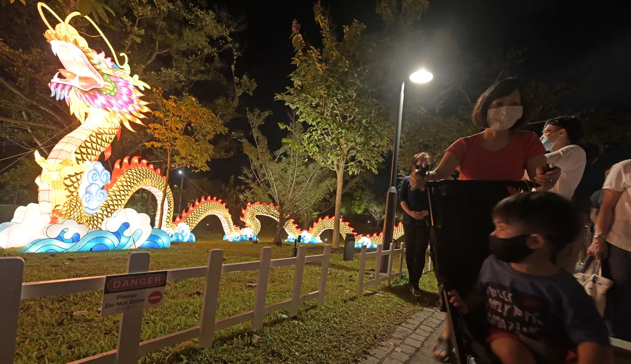 Orang-orang mengamati beraneka instalasi cahaya di "Festival Cahaya" yang diadakan di Jurong Lake Gardens, Singapura, pada 20 Desember 2020. "Festival Cahaya" berlangsung dari 18 Desember 2020 hingga 3 Januari 2021. (Xinhua/Then Chih Wey)