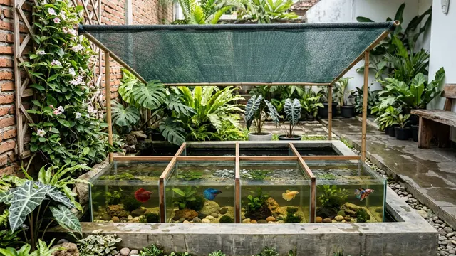 Desain Kolam Cupang Outdoor Tahan Panas; Kolam dengan Kanopi Paranet 60-70%. AI Generated.