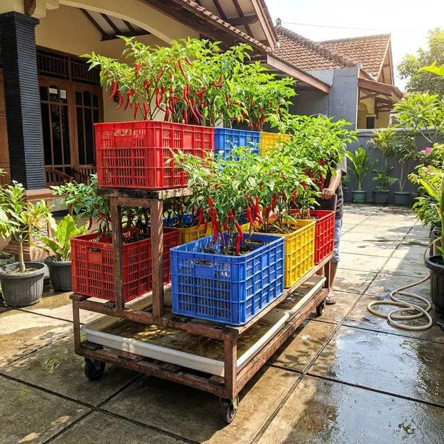 Desain Kebun Cabai Pakai Keranjang Plastik Bekas Anti Becek