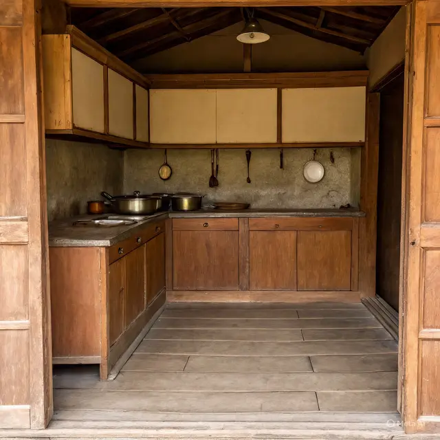 Model Dapur Rustic Sederhana dari Kayu Lokal di Rumah Kampung. Gemini