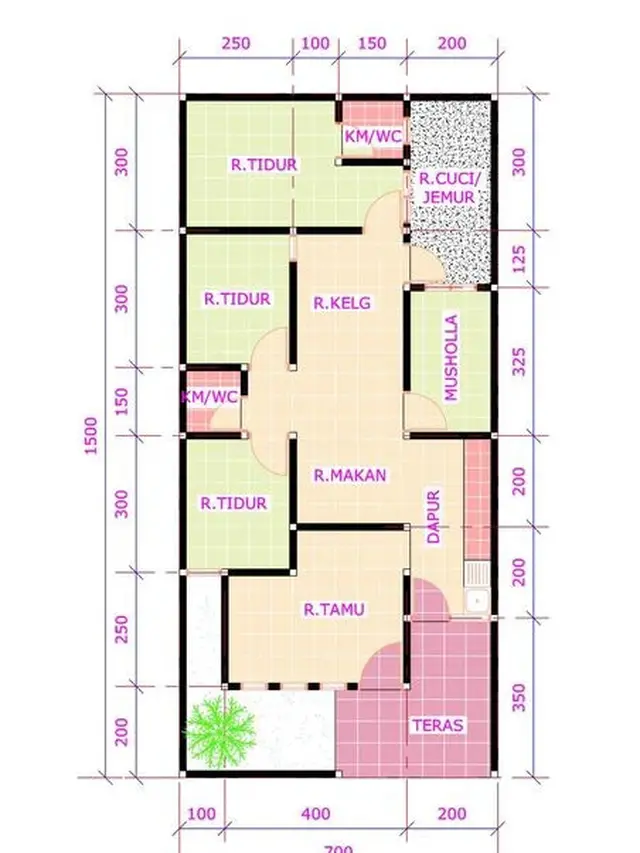 Desain Rumah dengan 3 Kamar Tidur dan 1 Mushola 2 Lantai