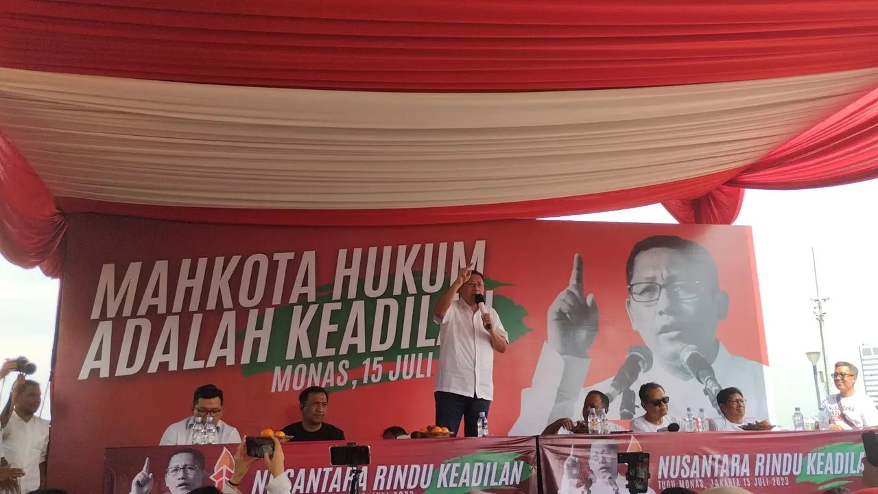 Mantan Ketua Umum Partai Demokrat Anas Urbaningrum menyingung soal kezaliman politik dalam pidatonya di kawasan Monumen Nasional (Monas), Sabtu (15/7/2023).