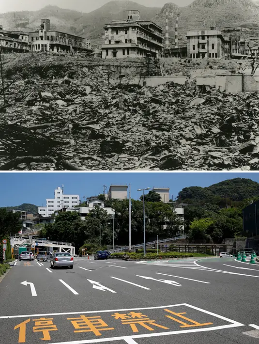Nagasaki Medical College (atas) Jepang pada oktober 1945 tampak rusak oleh bom atom Nagasaki pada 9 Agustus 1945. Sekolah kesehatan ini sudah ada pada tahun 1857. (REUTERS/Shigeo Hayashi/Nagasaki Atomic Bomb Museum /Handout via Reuters /Issei Kato)