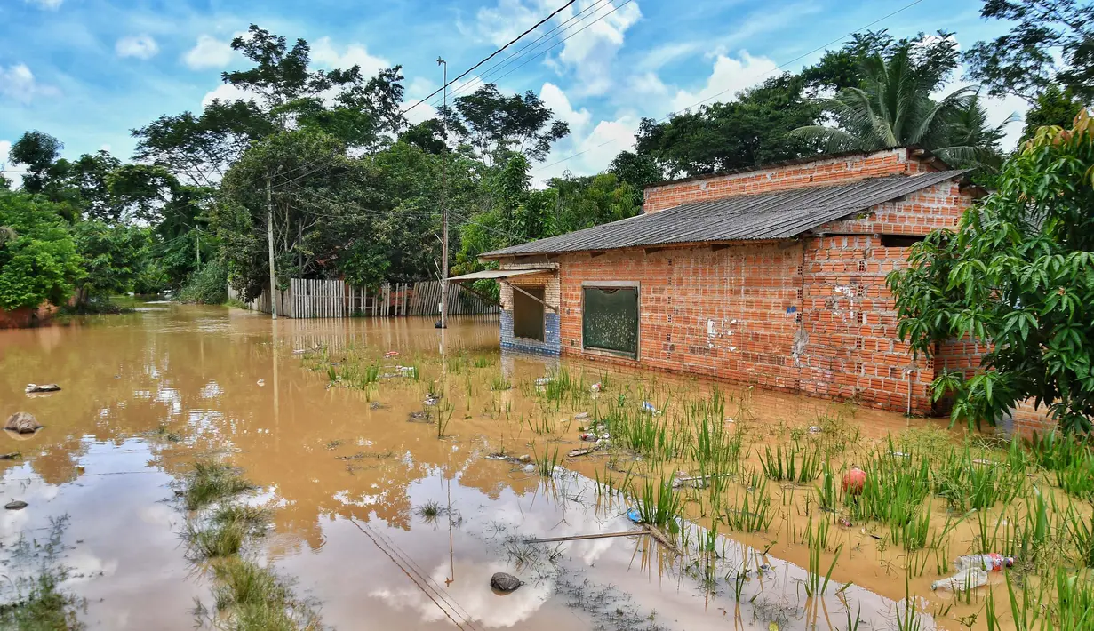 Banjir disebabkan oleh hujan lebat dan meluapnya Sungai Acre yang berada di perbatasan dengan Brasil. (STRINGER/AFP)