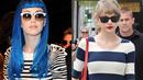 Bahkan Taylor Swift dan Katy Perry terlihat matching dengan model stripped dress dan kacamata hitam. (REX/Shutterstock/HollywoodLife)