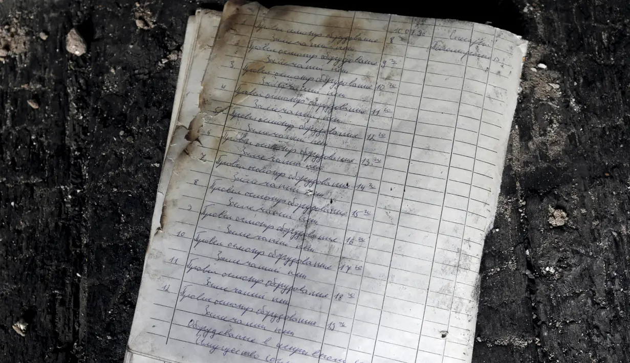 Sebuah dokumen tampak rusak terbakar di kamp militer Uni Soviet di dekat Skrunda, Latvia (9/4).Karena keangkerannya tersebut banyak wisatawan yang tertarik mengunjungi tempat ini. (REUTERS/Ints Kalnins)