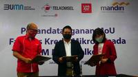 Bank Mandiri bersinergi dengan Telkomsel dan LinkAja dalam menyalurkan fasilitas kredit mikro bagi mitra Telkomsel melalui Digipos. (Dok Bank Mandiri)