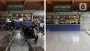 Foto kiri menggambarkan situasi Terminal Kampung Rambutan pada Senin (30/3/2020). Foto kanan menggambarkan situasi Terminal Kampung Rambutan pada Sabtu (25/4/2020). Guna memutus mata rantai penularan Covid-19, pemerintah resmi melarang mudik pada Jumat (24/4) lalu. (Liputan6.com/Helmi Fithriansyah)