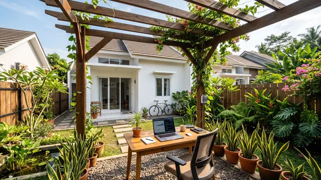 Ide Halaman Belakang dengan Pergola dan Taman Mini