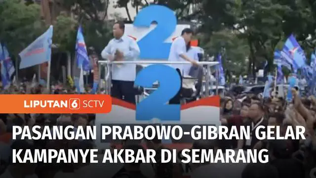 Pasangan Calon Presiden dan Wakil Presiden nomor urut 2, Prabowo-Gibran menggelar kampanye akbar di Semarang, Jawa Tengah. Kampanye akbar bertemakan kirab kebangsaan Prabowo-Gibran diikuti ratusan ribu pendukungnya  dari 35 kabupaten dan kota.