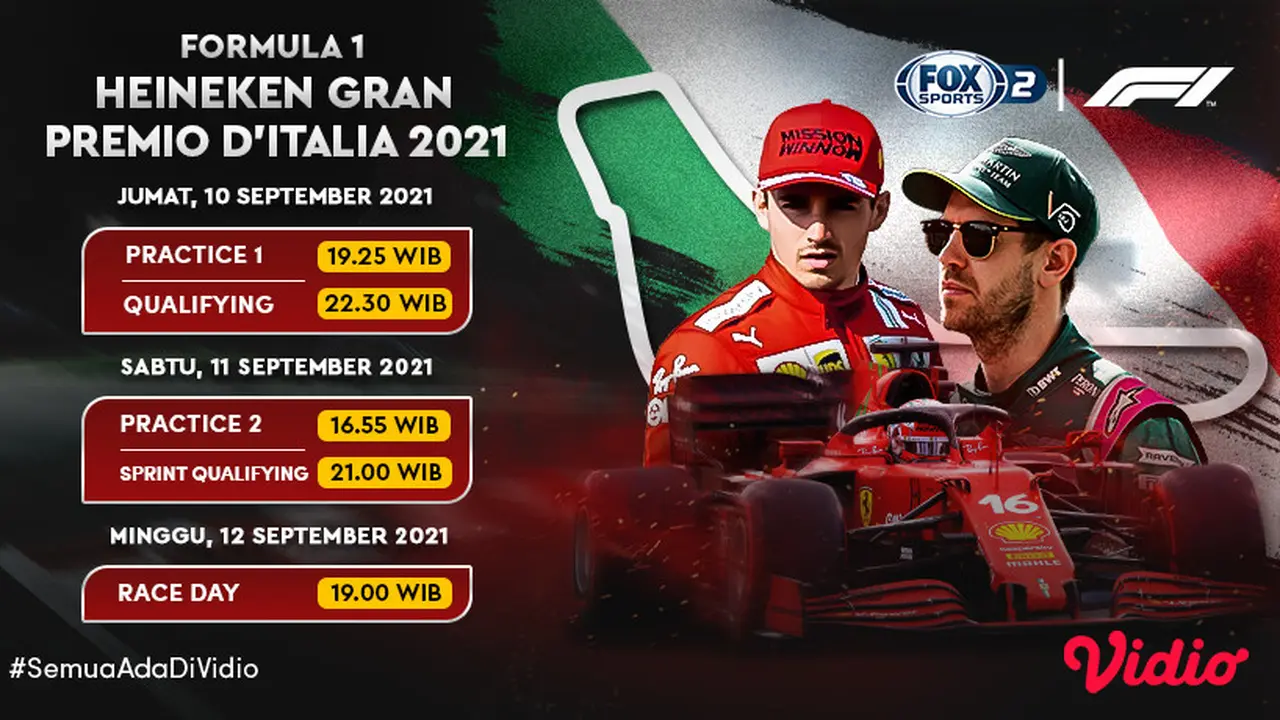 Jadwal dan Live Streaming F1 GP Italia 2021 di Vidio Pekan Ini, 10 -12 September 2021