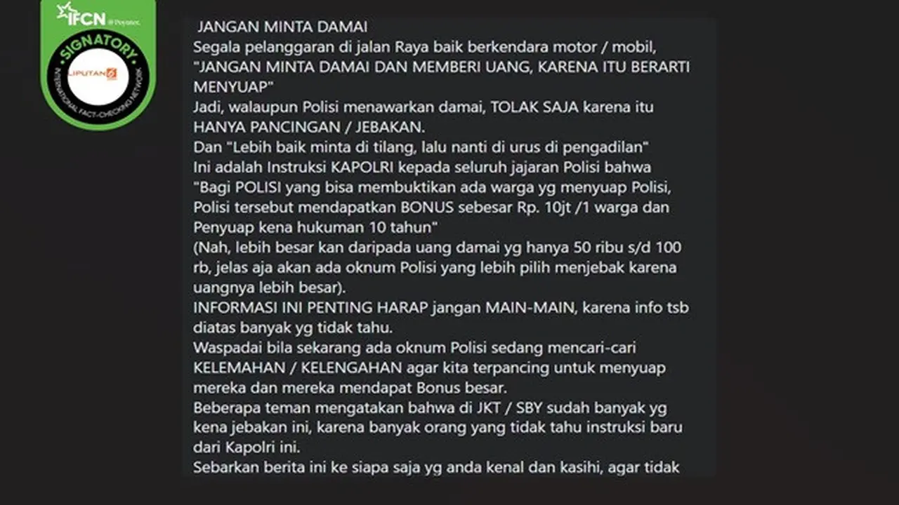 Beredar kabar adanya bonus sebesar Rp 10 juta bagi anggota polisi yang berhasil membuktikan praktik suap saat menilang kendaraan bermotor. (sumber: Facebook)