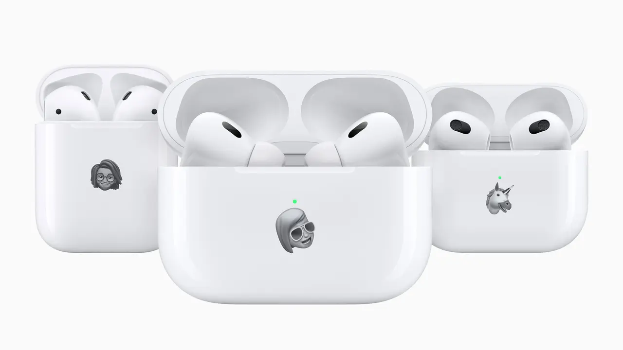 The second-gen AirPods (left), second-gen AirPods Pro (middle), and third-gen AirPods (right).