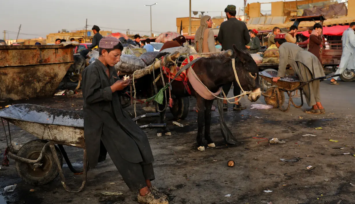 Seorang pekerja muda duduk di kereta dorongnya di Pasar Kota Tua Kabul, Afghanistan, Minggu (8/9/2019). Kabul menjadi rumah bagi sekitar lima juta orang. (AP Photo/Ebrahim Noroozi)