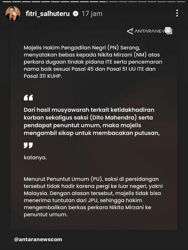 Unggahan Fitri Salhuteru soal kasus Nikita Mirzani versus Dito Mahendra. (Foto: Dok. Instagram @fitri_salhuteru)
