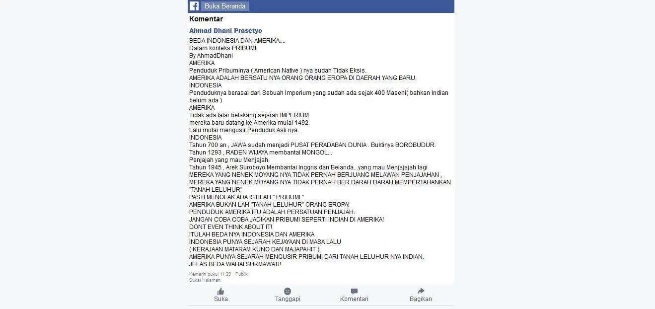 Postingan Ahmad Dhani tentang Pribumi (Facebook/Ahmad Dhani)